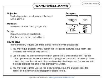 Game: Word-Picture Match Phonics Silent E Worksheet