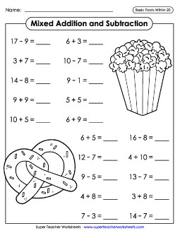 Addition & Subtraction Facts: Snacks  (Horizontal) Mixed Addition Subtraction Worksheet