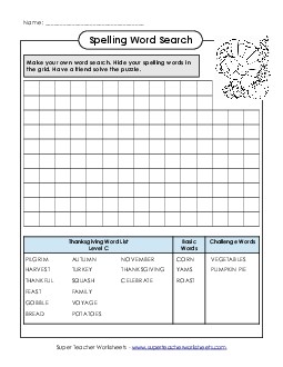 Make a Word Search (C-Thanksgiving)  Spelling C Worksheet