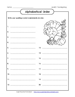 ABC Order: Write it Out (C-Thanksgiving)  Spelling C Worksheet