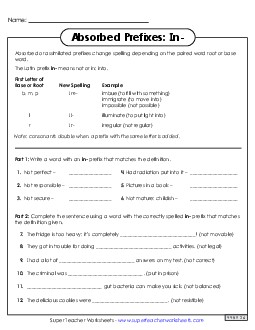 Absorbed Prefixes: In- Greek Latin Word Parts Worksheet