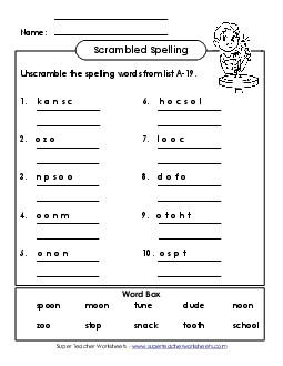 Unscramble (A-19) Free Spelling A Worksheet