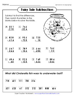 Math Riddle: Fairy Tale (3-Digit Subtraction / No Borrowing) Worksheet