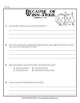 Questions for Chapters 11-15 Book Because Of Winn Dixie Worksheet