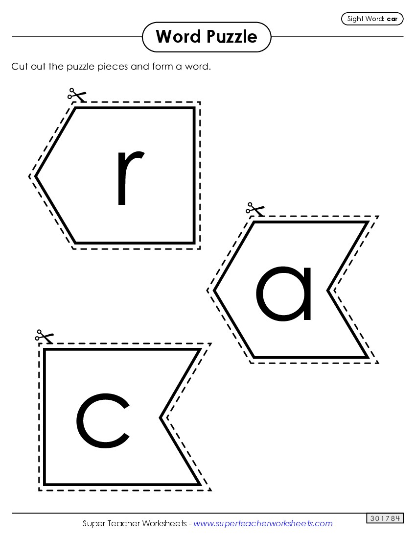 Word Puzzle: Car Sight Words Individual Worksheet