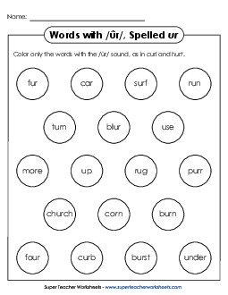 Color the Word: /ûr/ Spelled <i>ur</i> Phonics R Controlled Vowels Worksheet