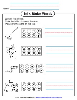 Color the Letters & Write (-ake) Word Families Worksheet