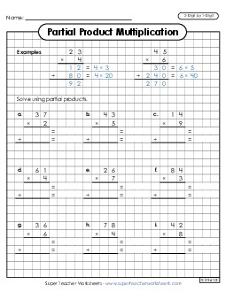 Partial Products Graph Paper (2-Digit by 1-Digit) Multiplication Worksheet