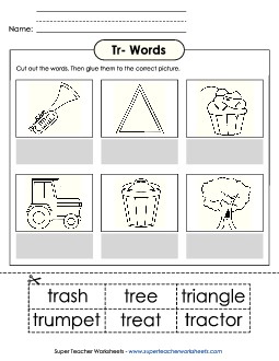 Cut and Glue (Tr- Words) Phonics Blends Worksheet