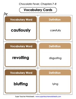 Vocabulary Cards for Chapters 7-8 Book Chocolate Fever Worksheet