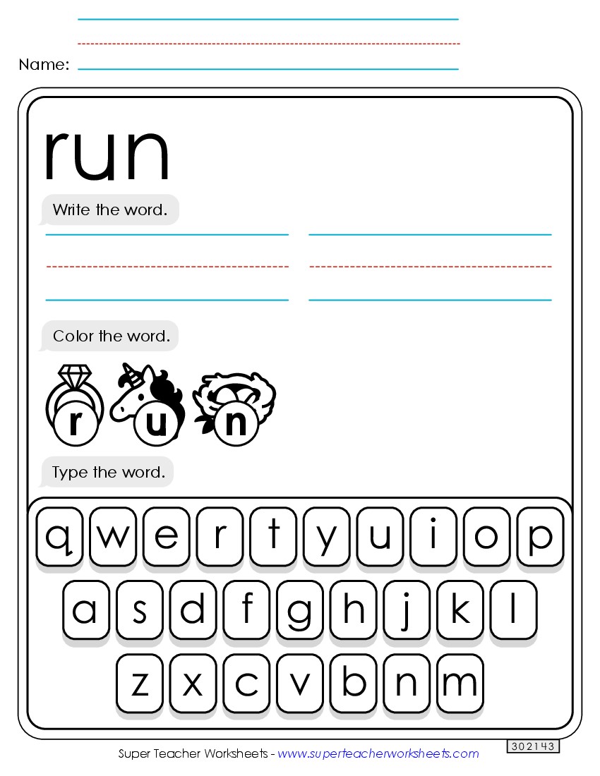 Write, Color, Type: Run Sight Words Individual Worksheet