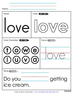 Worksheet 1: Love Free Sight Words Individual Worksheet