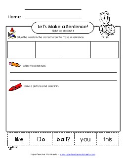 Make a Sentence Cut and Glue (Unit 4) Sight Words Worksheet