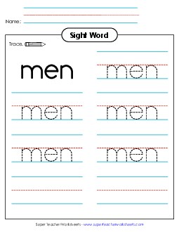 Trace the Word: Men Sight Words Individual Worksheet