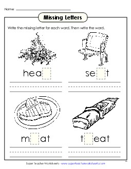 Missing Letters (-eat) Word Families Worksheet