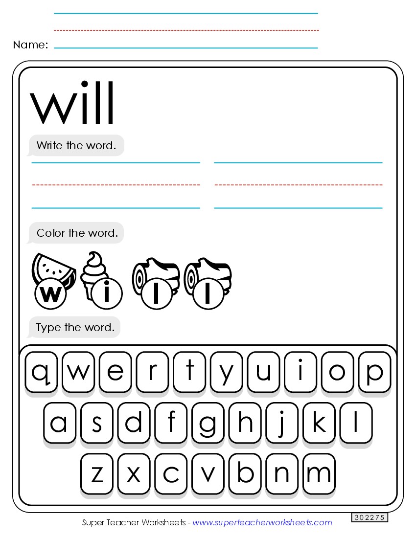 Write, Color, Type: Will Sight Words Individual Worksheet