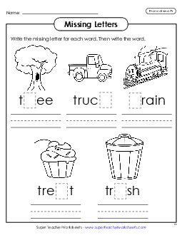 Missing Letters (Tr- Words) Phonics Blends Worksheet