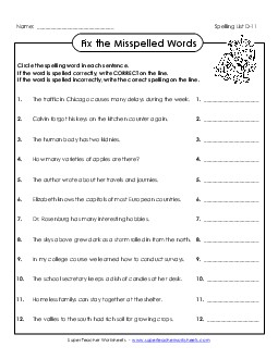 Fix the Mistakes (D-11) Spelling D Worksheet