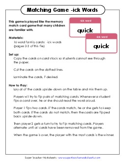 Memory Match Game (-ick) Word Families Worksheet