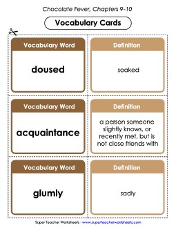 Vocabulary Cards for Chapters 9-10 Book Chocolate Fever Worksheet