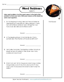 Mixed Math Word Problems (Level C) Thanksgiving Worksheet