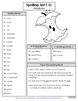 Spelling Word List (F-13) Spelling F Worksheet