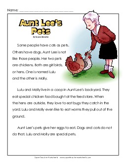 Aunt Lee\'s Pets 1st Grade Reading Comprehension Worksheet