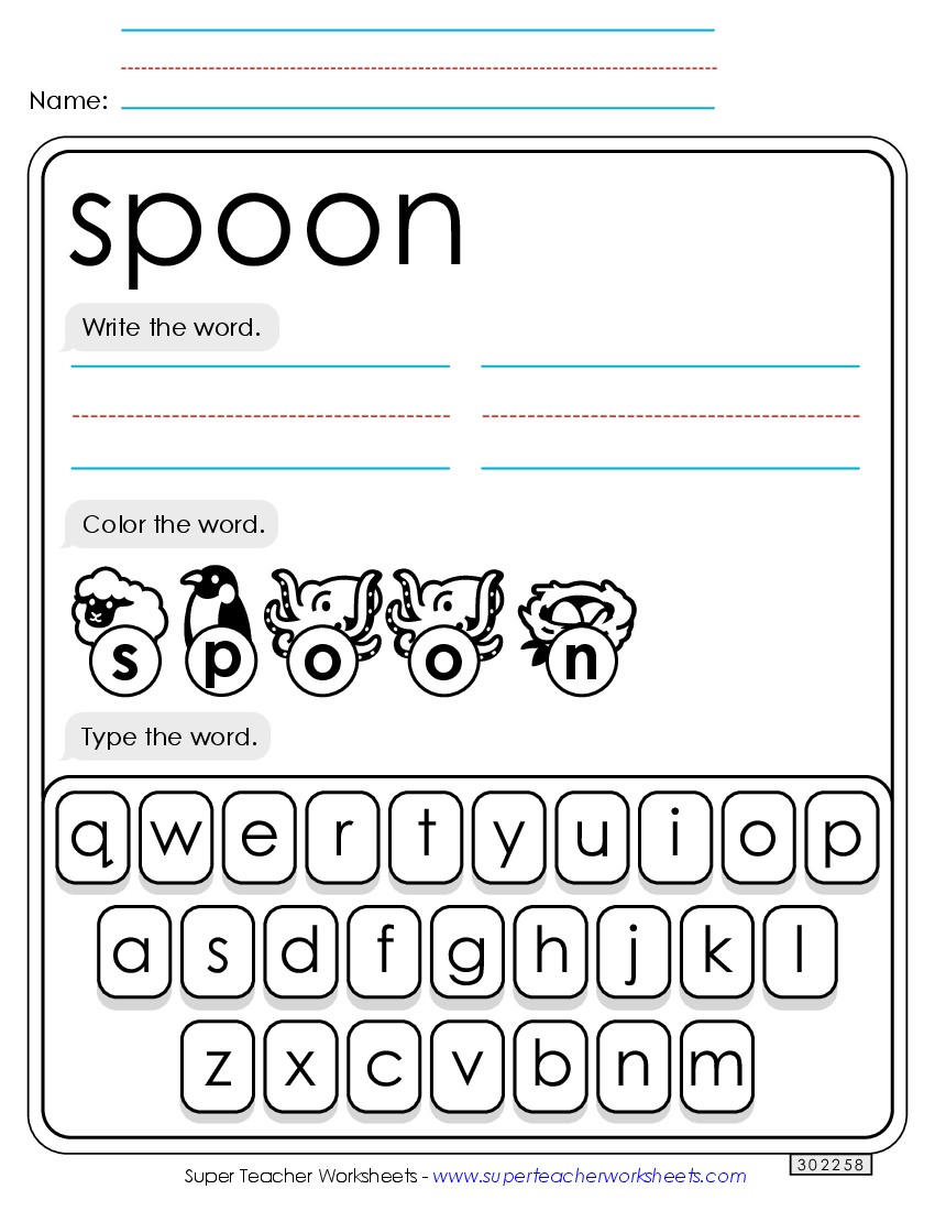 Write, Color, Type: Spoon Sight Words Individual Worksheet