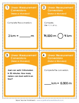 Task Cards: Converting Meters and Kilometers Measurement Worksheet