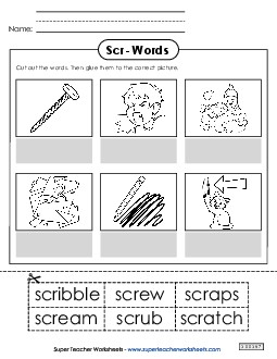 Cut and Glue (Scr- Words) Phonics Blends Worksheet