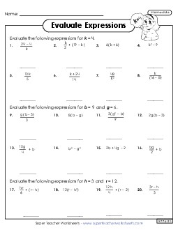 Evaluate Algebraic Expressions (Intermediate) Worksheet 2 Expressions Evaluate Worksheet