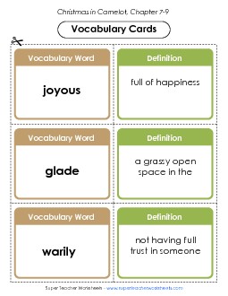 Vocabulary Cards: Chapters 7-9 Book Christmas In Camelot Worksheet