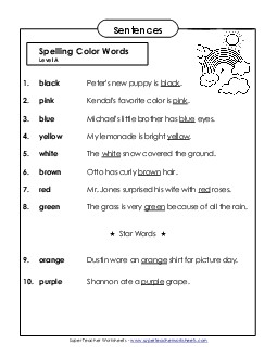 Spelling Test Sentences (A-Color Words)  Spelling A Worksheet