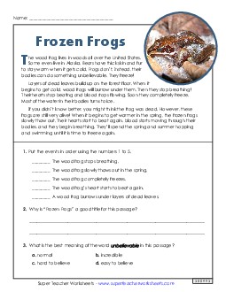 Frozen Frogs (Short Article) 3rd Grade Reading Comprehension Reading Comp Short Worksheet