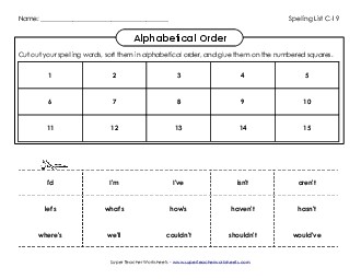 ABC Order: Cut & Glue (C-19) Spelling C Worksheet