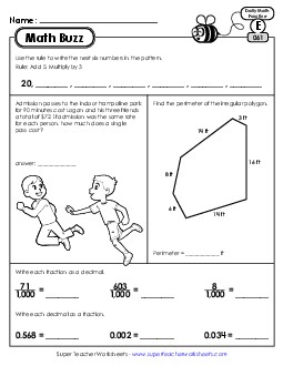 Math Buzz: Week 13 Worksheets 61 through 65 Daily Math Review Worksheet