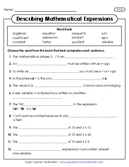 New Describing Mathematical Expressions (Cloze) Worksheet