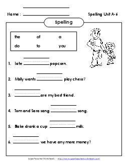 Complete the Sentences (A-6) Spelling A Worksheet