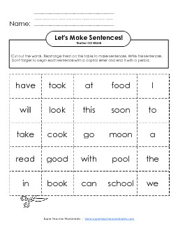 Build Sentences: Cards Phonics Oo Worksheet