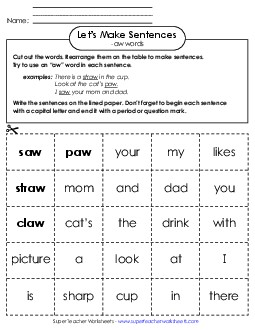 Make Sentences: Word Cards (-aw) Word Families Worksheet