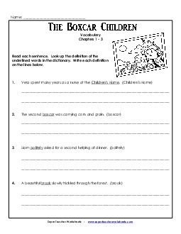 Vocabulary for Chapters 1-3 Book The Boxcar Children Worksheet