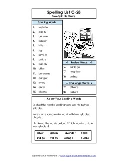 Spelling List C-28 Spelling C Worksheet