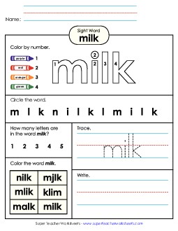 Worksheet 4: Milk Free Sight Words Individual Worksheet