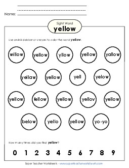 Dab or Color: Yellow Sight Words Individual Worksheet