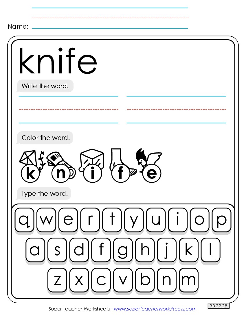 Write, Color, Type: Knife Sight Words Individual Worksheet