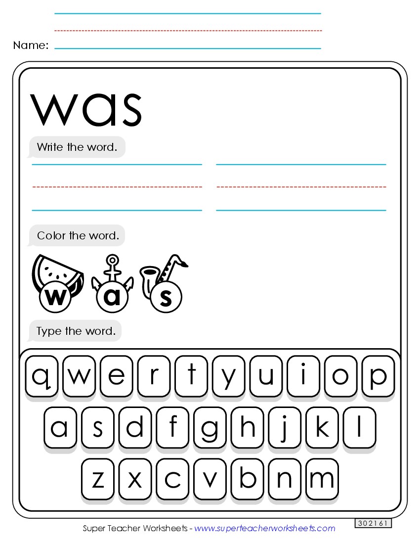 Write, Color, Type: Was Sight Words Individual Worksheet