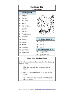 Spelling List (C-Thanksgiving)  Spelling C Worksheet