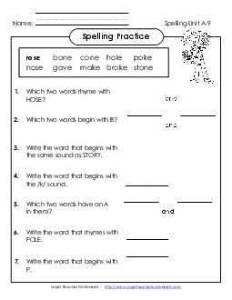 Spelling Practice (A-9) Spelling A Worksheet