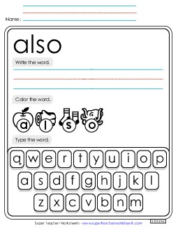 Write, Color, Type: Also Sight Words Individual Worksheet