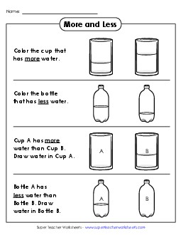 More and Less (Liquid Water) Comparing Numbers Worksheet